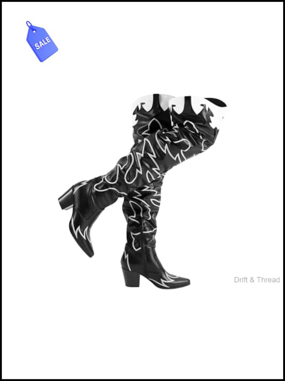Women's Over The Knee Cowboy Boots Embroidered Chunky Heel Black